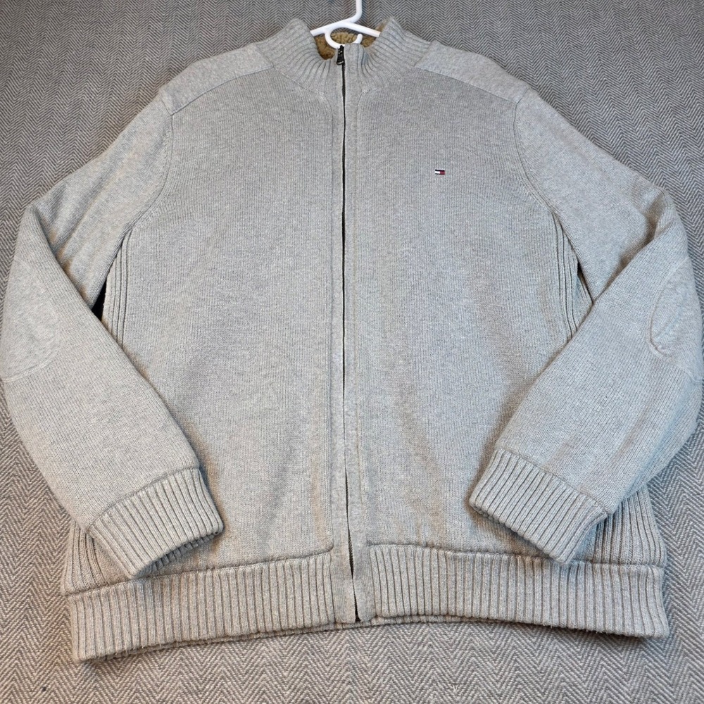 Tommy Hilfiger Mens XL Gray Full Zip Sherpa Lined Cotton Cardigan Sweater Mock